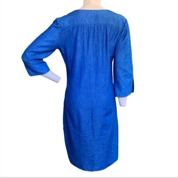 Reba Blue 100% Cotton Chambray Shift  Dress Sz S Pleated Bodice V-Neck #257A - Picture 4 of 5